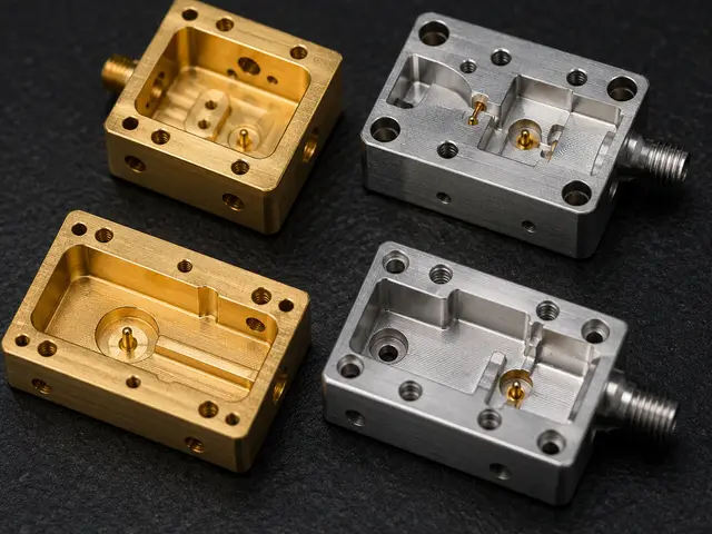 CNC milled brass and aluminum RF connector housings with precision cavities
