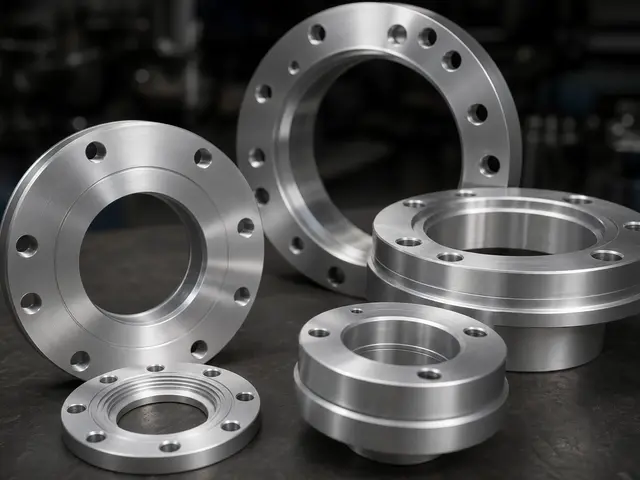 CNC turned aluminum flanges and circular adapter rings with bolt holes and concentric grooves