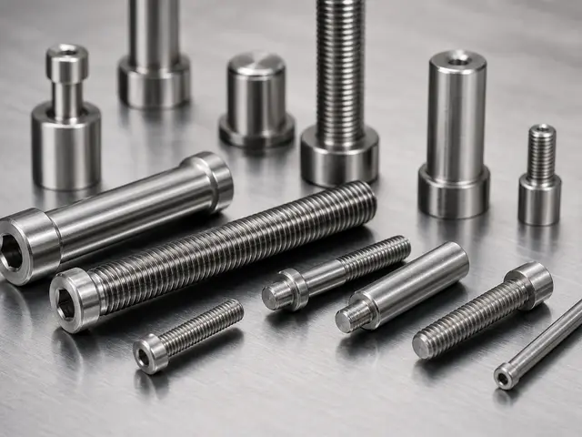 CNC turned stainless steel bolts, threaded fasteners, shoulder screws, and precision studs on an inspection table
