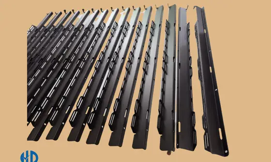 Long powder coated sheet metal rails