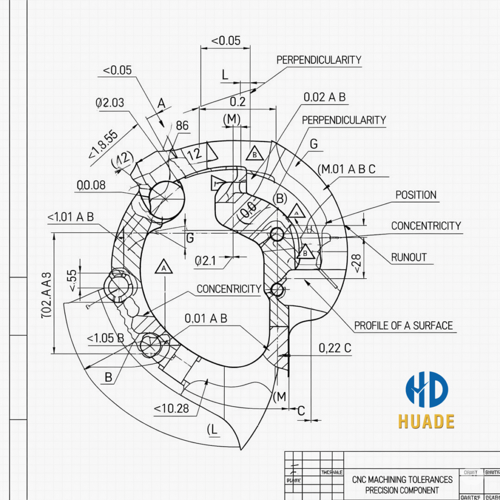 An engineering drawing with GD&T symbols and tolerance annotations An engineering drawing with GD&T symbols and tolerance annotations, illustrating the precision of CNC machining tolerances.