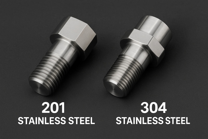 Comparison of 201 vs 304 stainless steel properties including corrosion resistance, cost, and applications for CNC machining