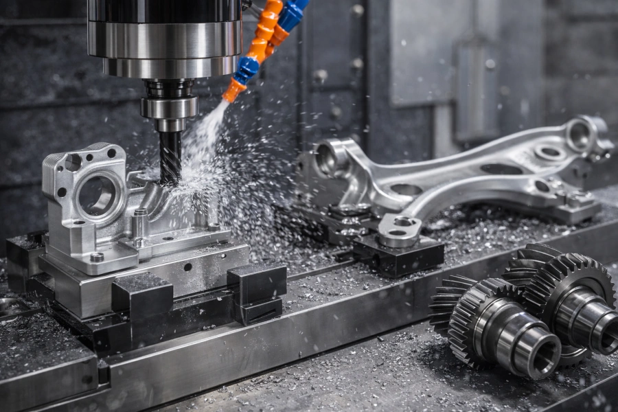 التصنيع الآلي باستخدام الحاسب الآلي لحامل محرك السيارات وذراع التحكم في التعليق مع وجود تروس المبرد وناقل الحركة في المقدمة