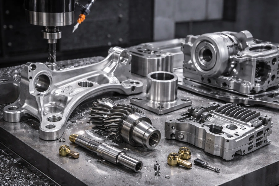 precision CNC machined automotive parts including suspension knuckle, helical gears and complex housings