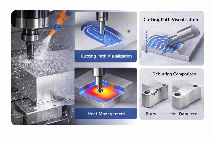 6061 aluminum CNC machining concepts including cutting toolpaths, heat management and deburring comparison