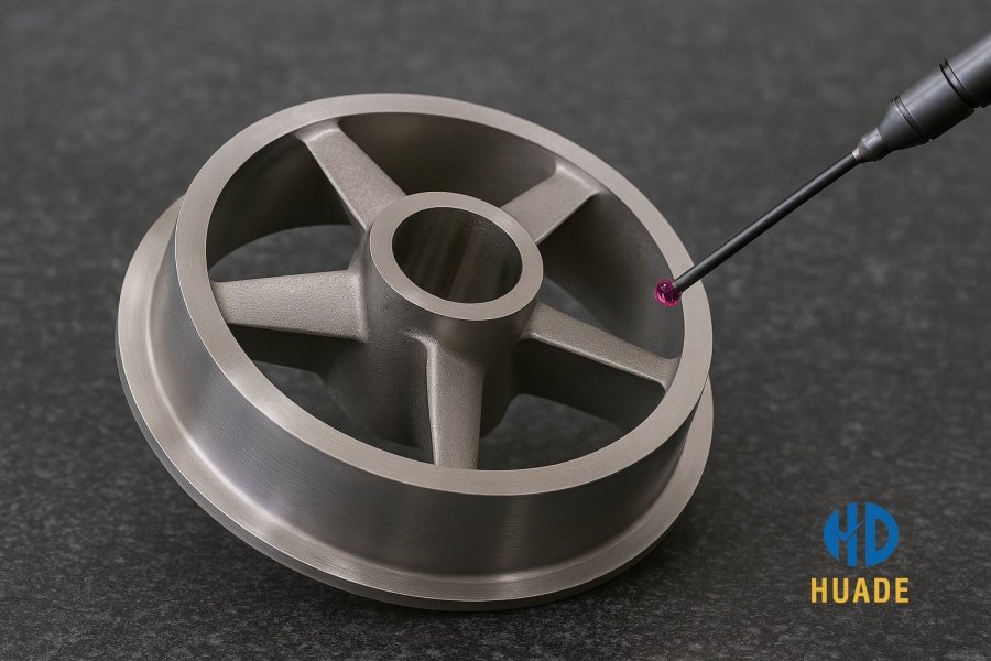 A finished CNC machined Monel 400 pump impeller being inspected for quality