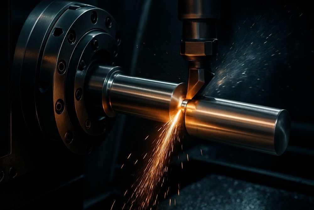 A professional close-up shot of a CNC machine cutting a Monel K500 round bar A professional close-up shot of a CNC machine cutting a Monel K500 round bar