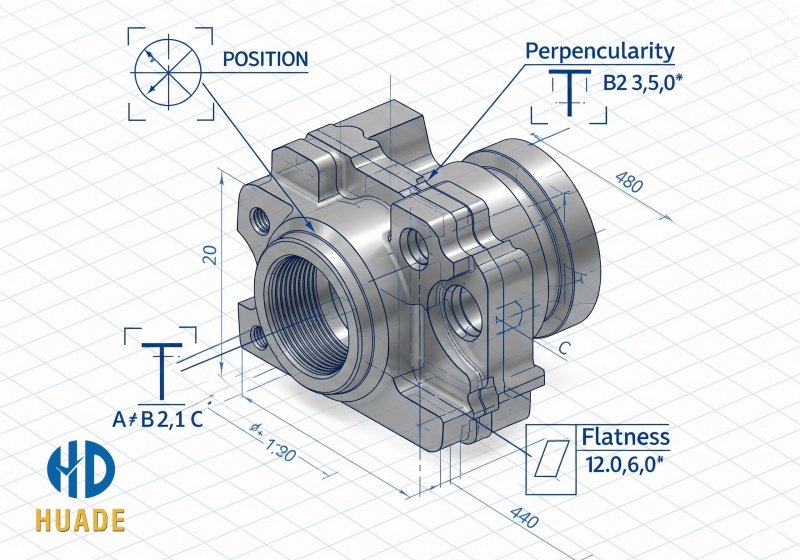 A technical drawing of a precision part with GD&T symbols, serving as a visual GD&T guide and GD&T explained