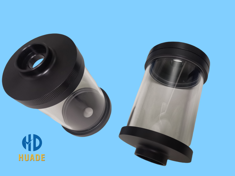 acrylic cnc service custom machined acrylic cylinder component with black aluminum end caps