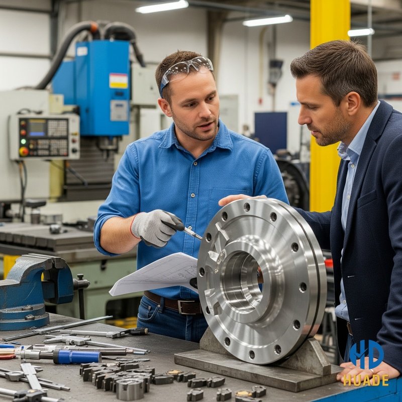 An engineer from Huade providing Monel machining service consultation to a client, discussing a CNC machined Monel component An engineer from Dongguan Huade providing Monel machining service consultation to a client, discussing a CNC machined Monel component
