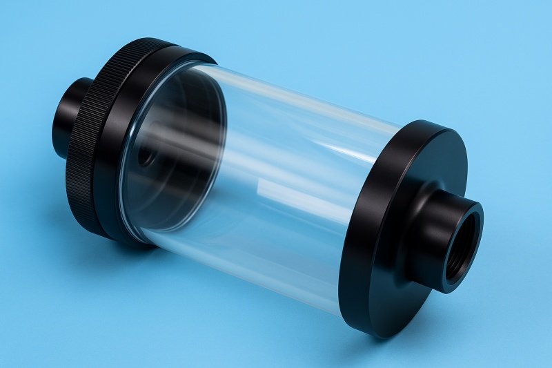 precision cnc acrylic service part showing clear acrylic body and black aluminum end caps