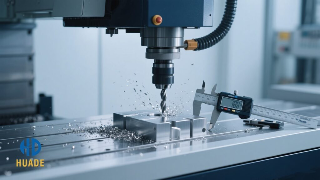 Close-up of a precision CNC machine in operation, showing cutting tool working on a metal workpiece. Precision CNC machining process with advanced equipment ensuring micron-level accuracy
