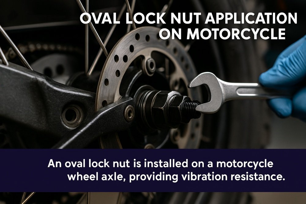 Oval lock nut installed on motorcycle wheel axle for vibration resistance