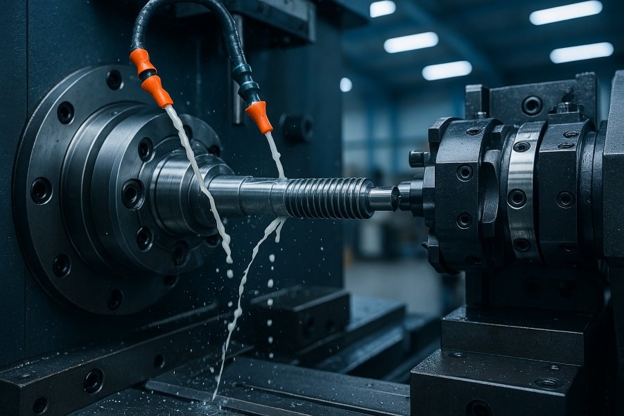 CNC turning center screw machining services with coolant spray in processing