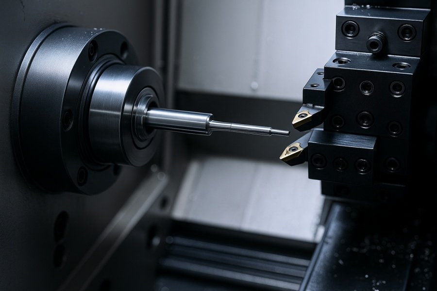 Swiss-Type CNC screw machining center operating on metal bar stock