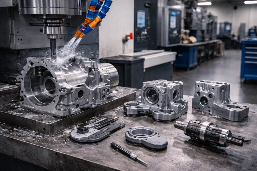CNC machining aerospace metal fabrication parts in a precision manufacturing workshop