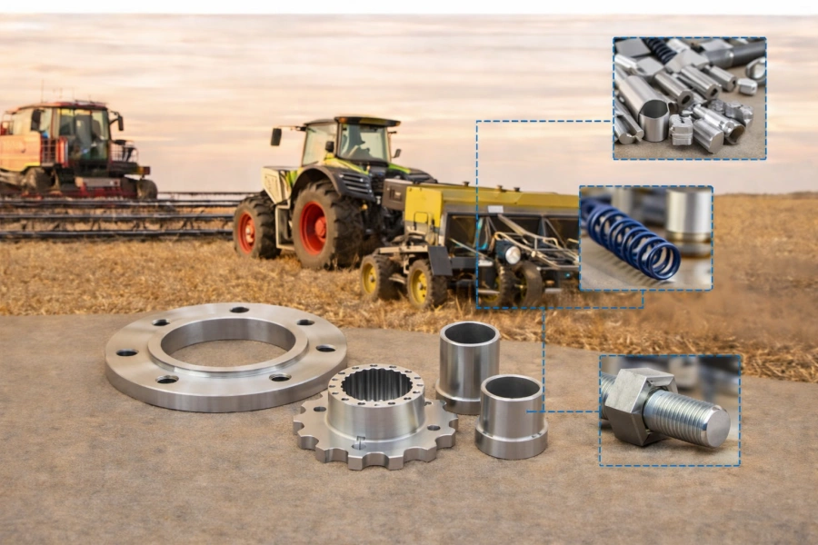 CNC machined agricultural components including flange, gear and bushings in front of tractor and farming equipment