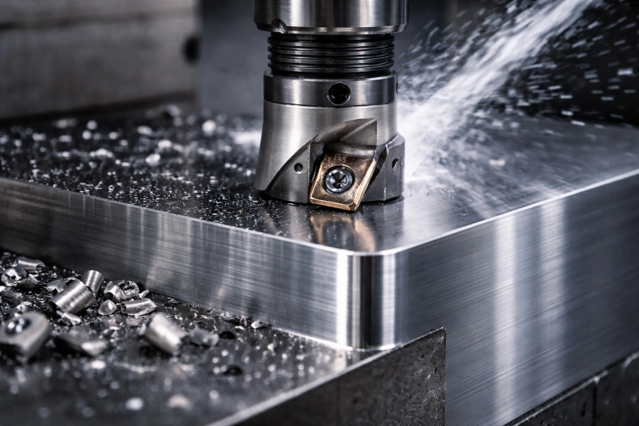 Close-up of indexable insert finishing milling steel showing optimal nose radius and surface finish