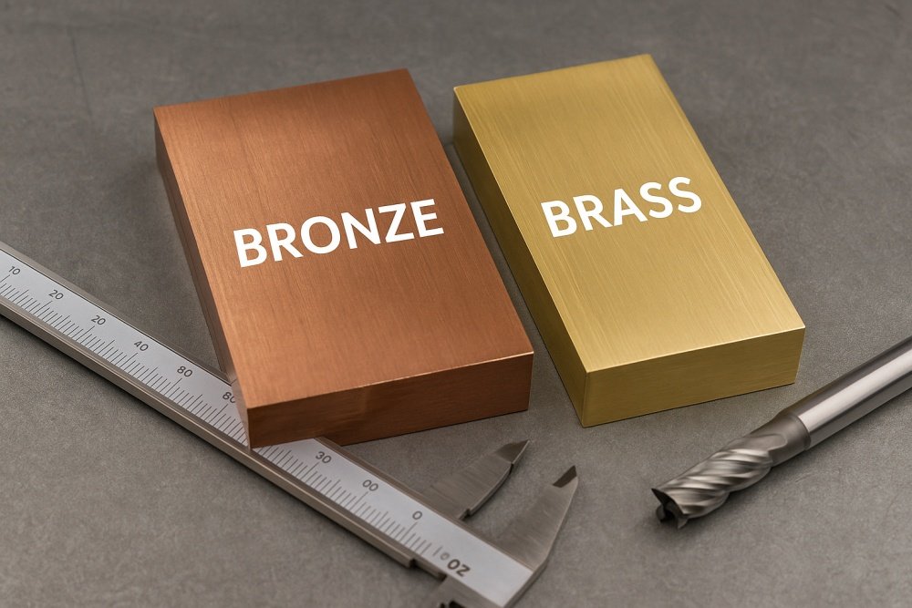bronze and brass samples for CNC machining material How to tell difference between bronze and brass – side by side comparison of bronze and brass metal blocks for CNC machining material identification