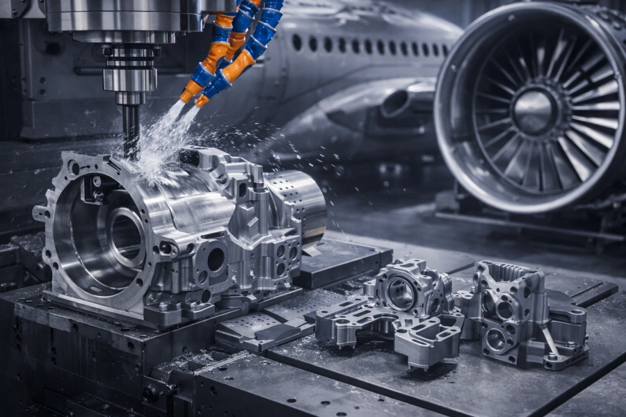 Close-up CNC machining of aerospace aluminum components with coolant spray