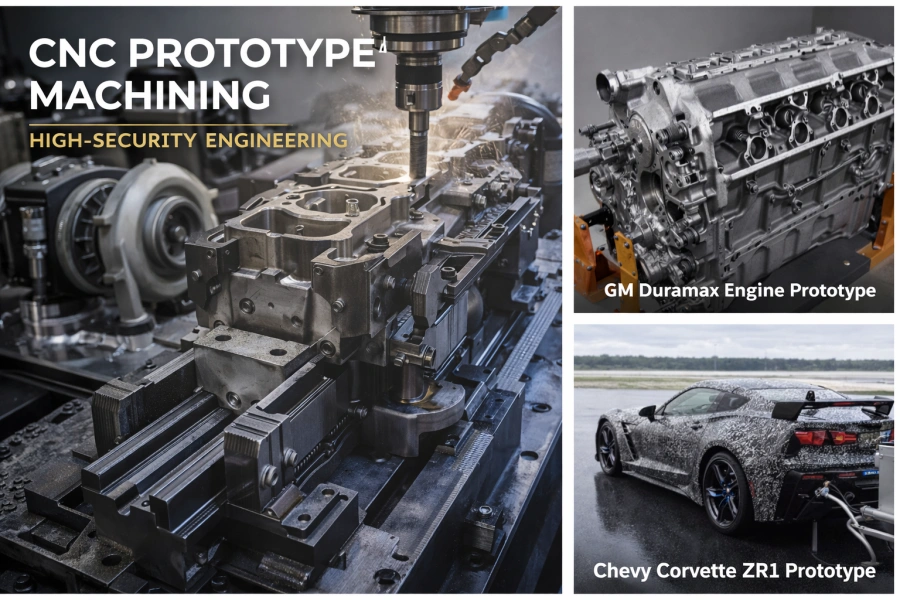 High-security CNC prototype machining with GM Duramax engine prototype and Chevy Corvette ZR1 prototype components.