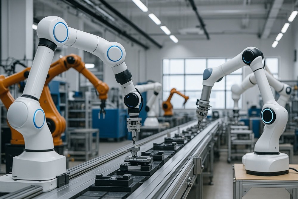 collaborative robots in modern manufacturing collaborative robots and industrial robotic arms working in a smart factory assembly line