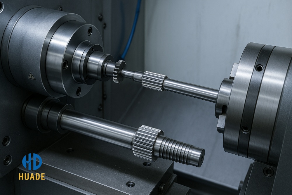 CNC machine performing high precision spline forming on a metal shaft