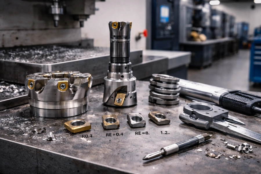 Precision CNC milling cutters and indexable inserts with different nose radii for finishing steel parts