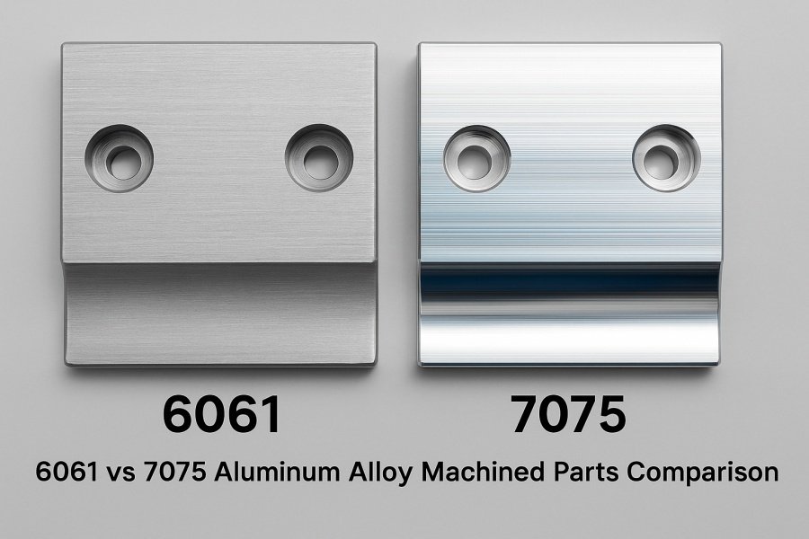 6061 vs 7075 Aluminum Alloy Machined Parts Comparison Side-by-side comparison of machined 6061 and 7075 aluminum alloy parts showing surface texture and color difference.