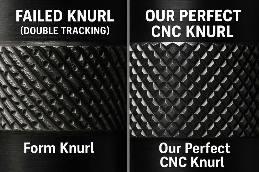 A comparison image showing a failed, uneven knurl with double tracking next to a perfect, clean, and uniform CNC-machined knurl from our service.