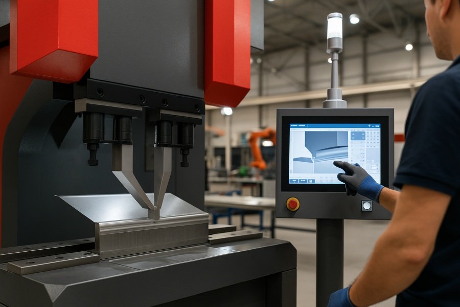 Operator using CNC-controlled sheet metal hemming machine with servo actuators for precise edge forming in a modern workshop