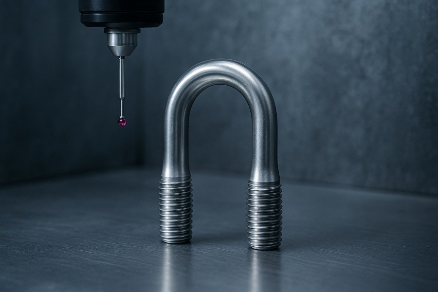 CNC lathe cutting metal bolt threads during u-bolt machining