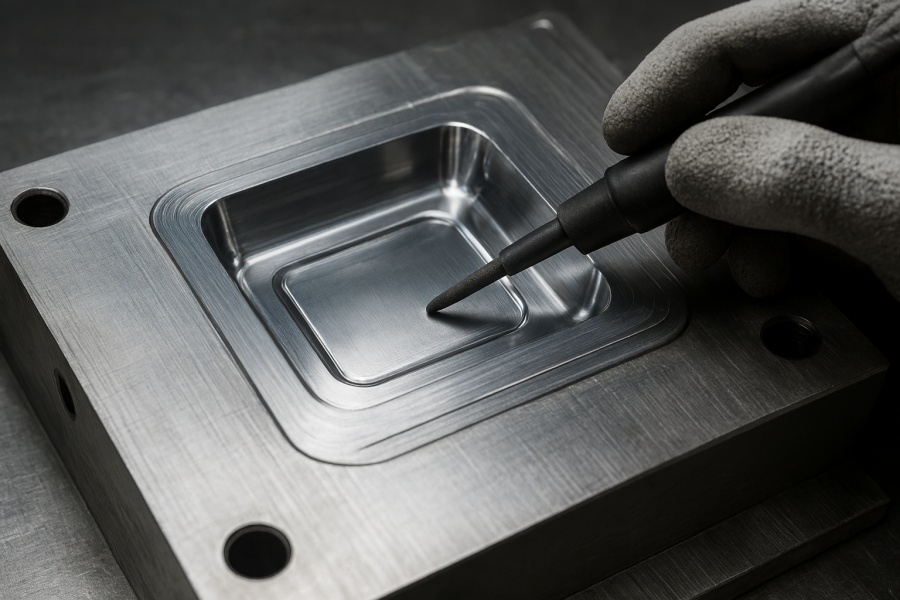 Technician polishing a CNC mold cavity with fine abrasive tools