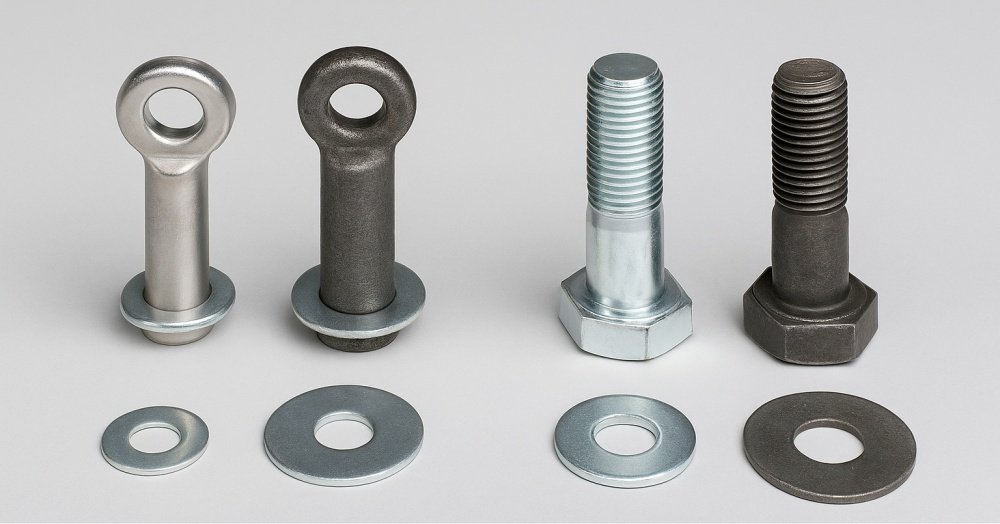 A detailed photo showing heavy duty pins, M18 bolts, and both fender and flat washers side by side to highlight dimensional and functional differences in CNC component design.