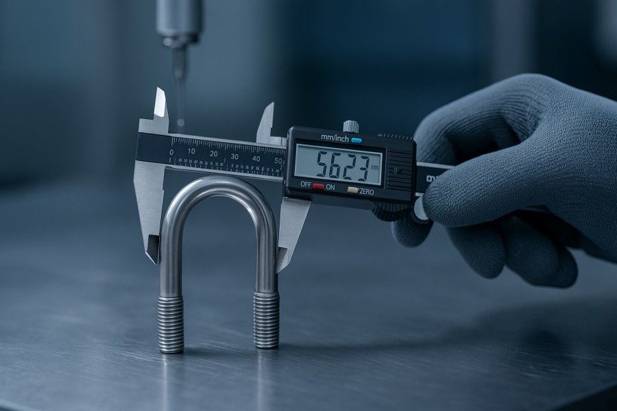 Engineer measuring U-bolt with caliper for u bolt sizes chart precision