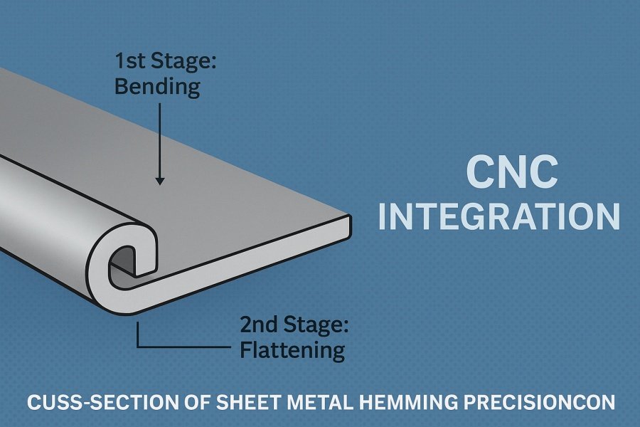 Cross-section illustration of a two-stage sheet metal hemming process showing bending and flattening with CNC integration