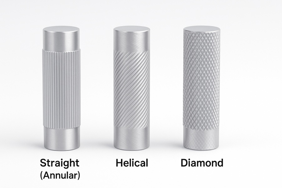 A side-by-side comparison of the three main knurling types: straight, helical, and diamond patterns on identical metal rods.