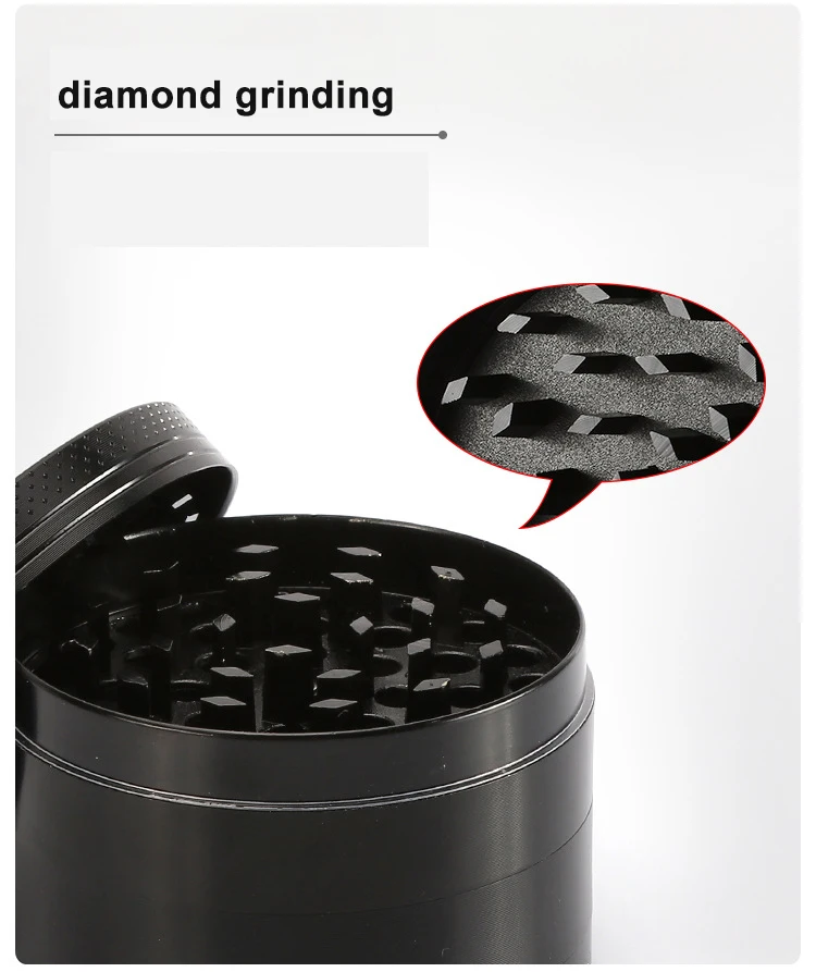 Close-up of sharp diamond-shaped grinding teeth in a CNC machined black metal herb grinder.