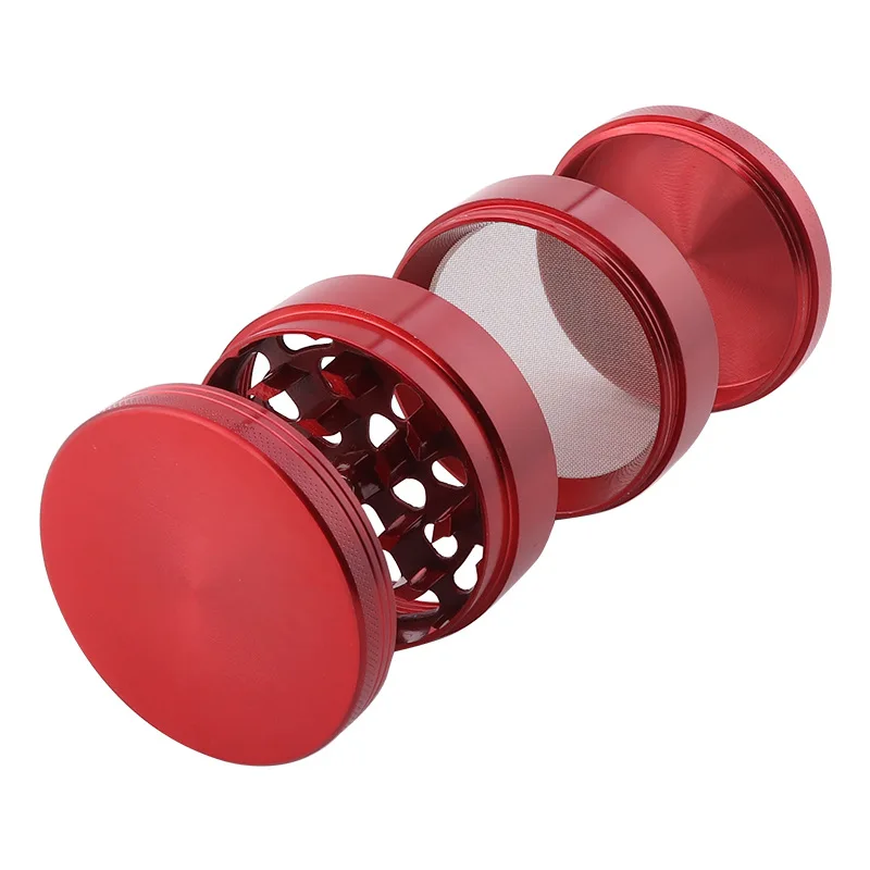 Exploded view of a premium red 4-layer zinc alloy herb grinder with sharp diamond-shaped teeth.