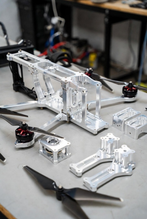 Essential drone components diagram featuring frame, flight controller, ESC, motors, and propellers for quadcopter assembly.
