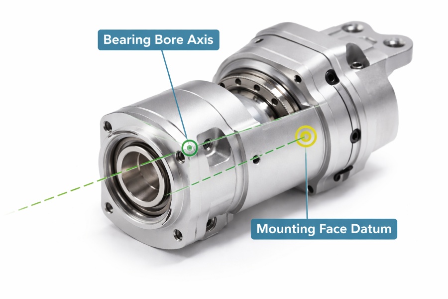Datum alignment and bearing bore axis for humanoid robot joint housing (GD&T)