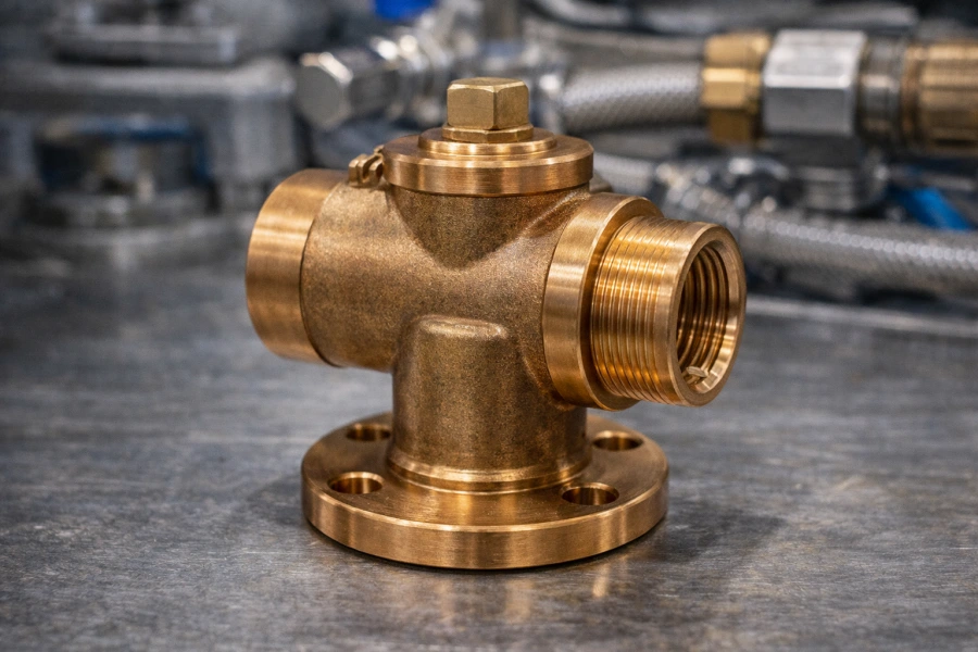 CNC machined bronze marine valve fitting with corrosion-resistant properties for seawater environments
