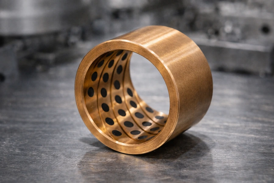 CNC machined bronze bushing with graphite self-lubricating inserts for wear resistance