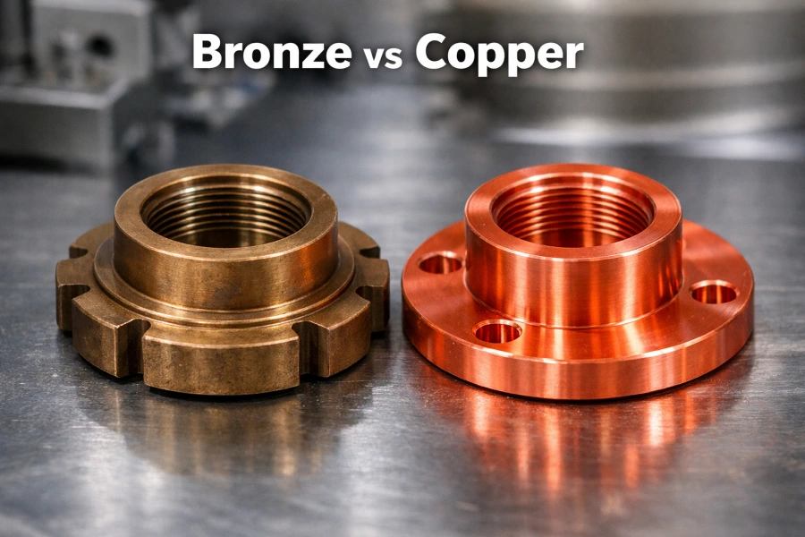 bronze vs copper CNC machined components comparison showing brown bronze and bright copper colors
