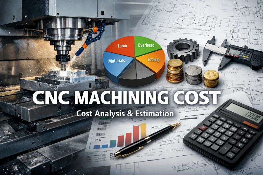 CNC machining cost analysis image showing machine cutting metal, cost breakdown chart, digital caliper, coins, and calculator on engineering drawings.