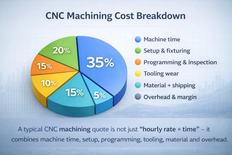 Diagramme circulaire de ventilation des coûts d'usinage CNC indiquant les pourcentages de temps de machine, de réglage, de programmation, d'outillage et de coût des matériaux.