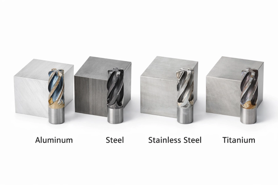 CNC machining comparison showing aluminum, steel, stainless steel, and titanium blocks with worn carbide end mills demonstrating differences in machinability and tool wear.
