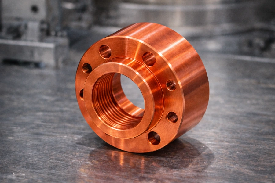 precision CNC machined copper flange showing bright reddish-orange color and threaded center
