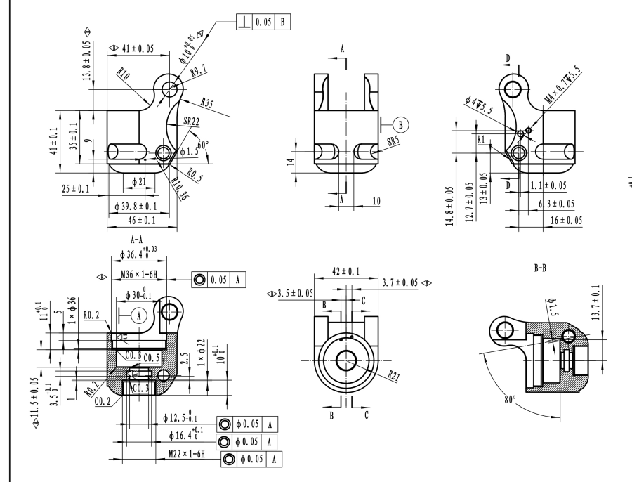 machining blueprint symbols example drawing with GD&T and dimensional callouts