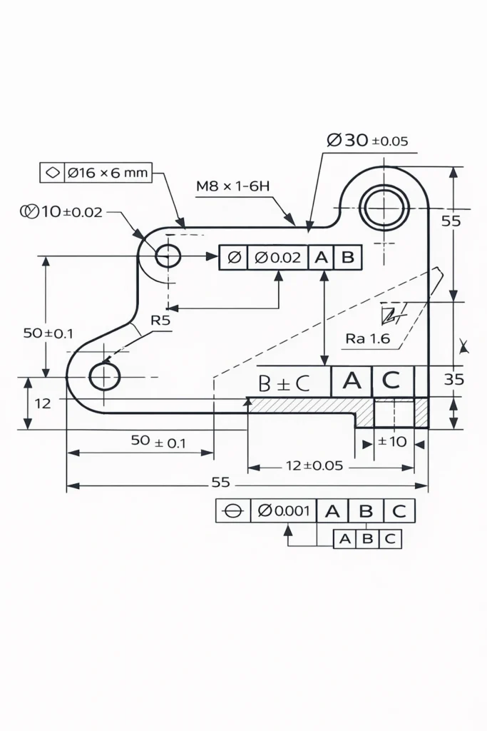 Example machining blueprint showing GD&T feature control frames, datums, tolerances, hole callouts, and surface finish symbols.
